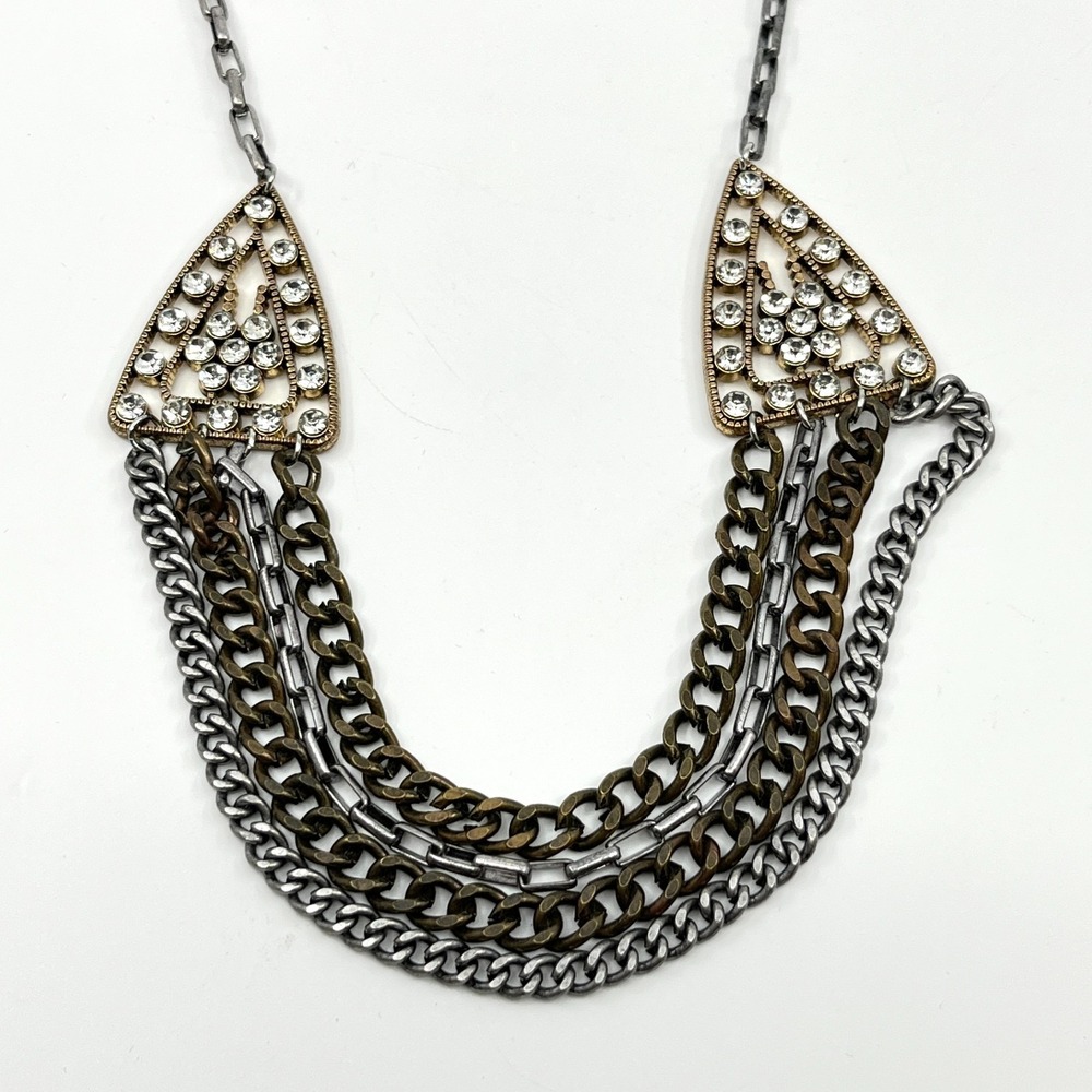 VTG Plunder Mixed Metal Tiered Drape Necklace Bronze & Silver Tone Rhinestone - Picture 8 of 15